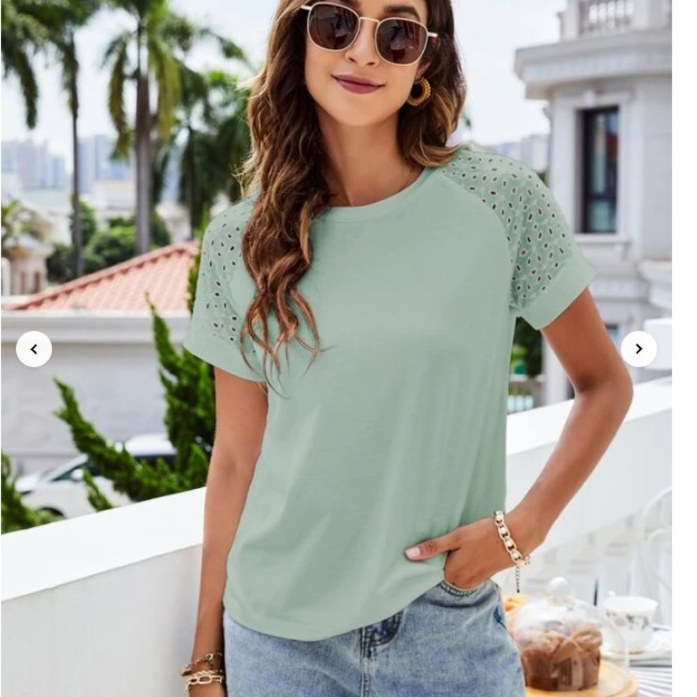 Contrast Eyelet Embroidery Raglan Sleeve Tee Mint 8/10